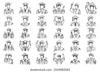 Bundle Line Art Happy Man Celebrate Graduation Use Gown Photo Art Black and White Illustration Hand Drawn Clipart