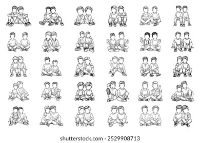 Bundle Line Art Love Twin Child Cute Brother Pose Art Black and White Illustration Hand Drawn Clipart