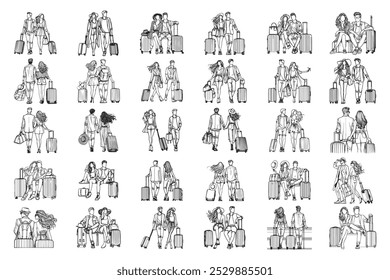 Bundle Line Art Romantic Couple Traveling Carry Suitcase Photo Art Black and White Illustration Hand Drawn Clipart