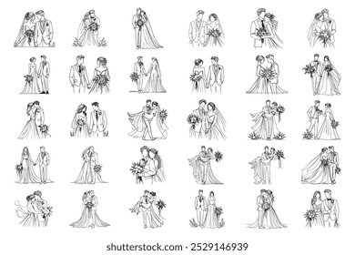 Bundle Line Art Romantic Wedding Couple Intimately Photo Black and White Illustration Hand Drawn Clipart