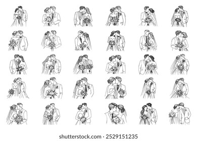 Bundle Line Art Romantic Wedding Kissing Couple Black and White Illustration Hand Drawn Clipart