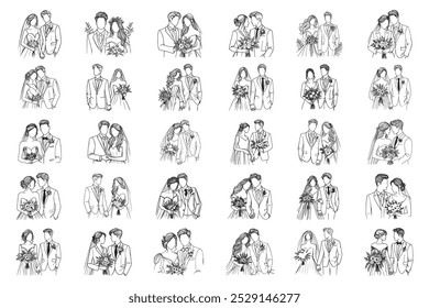 Bundle Line Art Casal Casal Foto Romance Intimamente Preto e Branco Ilustração Mão Desenhado Clipart