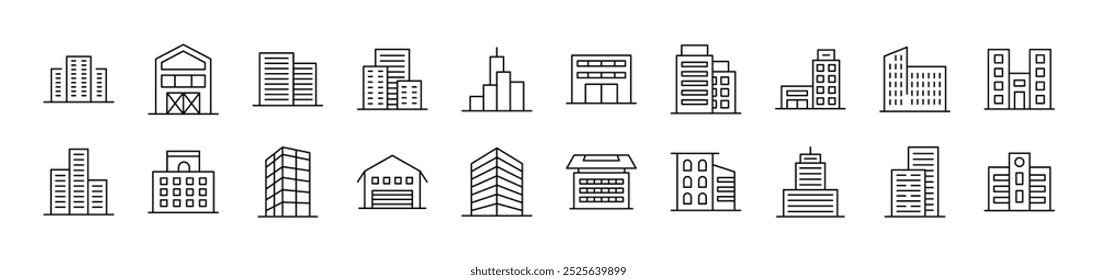 Bundle of Line Icons of Building. Editable Stroke. Minimalistic Linear Pictogram for Design of Cards, Apps, Banners, Posts