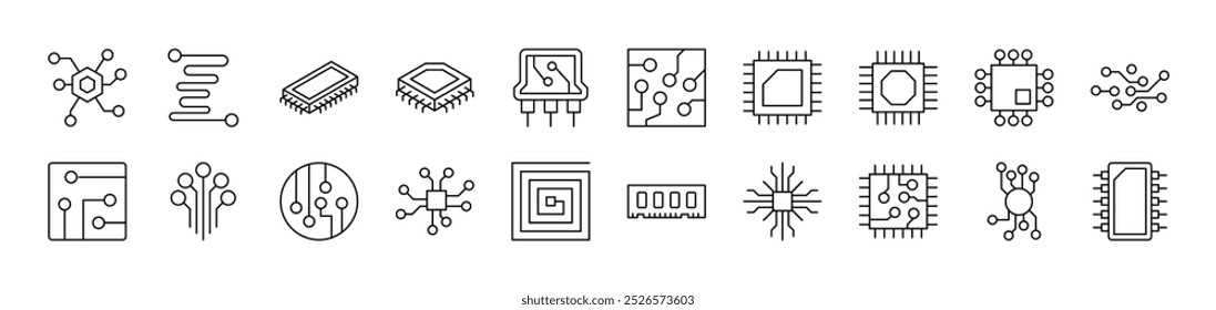 Bundle of Line Icons of Chip and Scheme. Editable Stroke. Minimalistic Linear Pictogram for Design of Cards, Apps, Banners, Posts