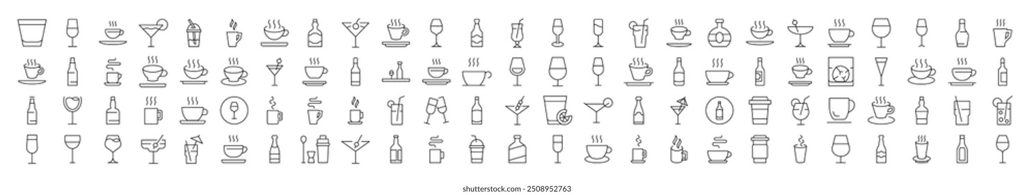 Bundle of Line Icons of Coffee, Soft Drinks, Alcoholic Beverages. Editable Stroke. Minimalistic Linear Pictogram for Design of Cards, Apps, Banners, Posts
