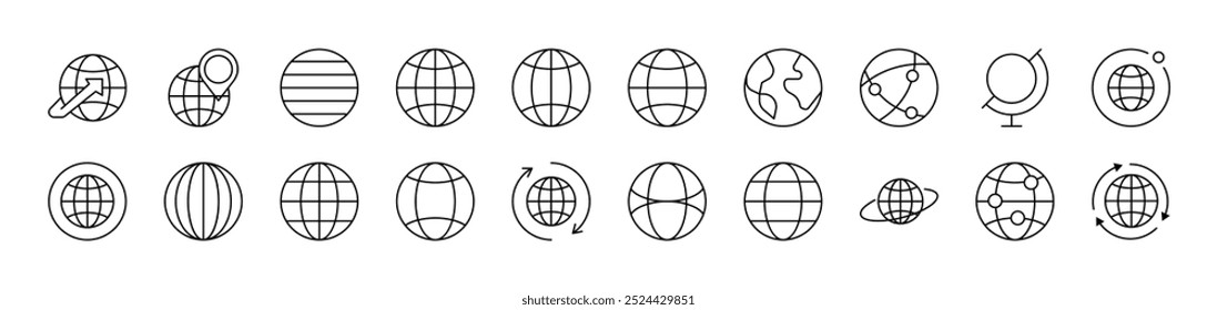 Paquete de los iconos de línea del globo. Trazo Editable. Pictograma lineal minimalista para el diseño de tarjetas, App, Anuncios, publicaciones
