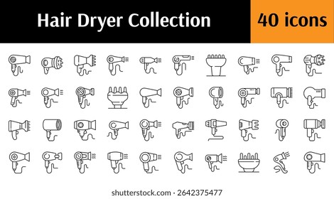Pacote de Linha Ícones de Secador de cabelo. Pictograma Linear Minimalista para Web e Design Gráfico, Aplicações, Banners, Rede Social e Cartões