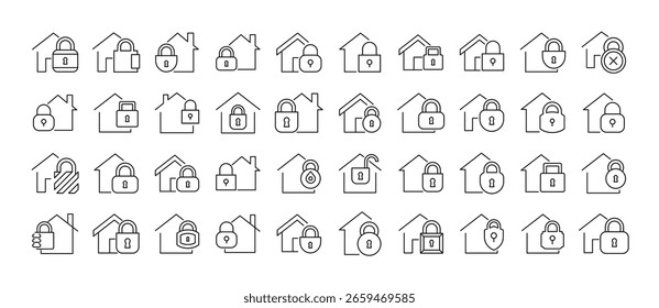 Paquete de iconos de línea de la casa con cerradura. Pictograma lineal minimalista para Web y Diseño gráfico, App, Anuncios, redes sociales y tarjetas