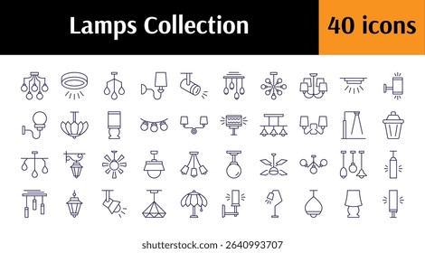 Bundle of Line Icons of Lamp, Luster, Light Bulb. Minimalistic Linear Pictogram for Web and Graphic Design, Apps, Banners, Social Network and Cards