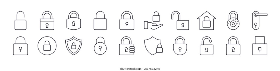 Bundle of Line Icons of Lock. Editable Stroke. Minimalistic Linear Pictogram for Design of Cards, Apps, Banners, Posts