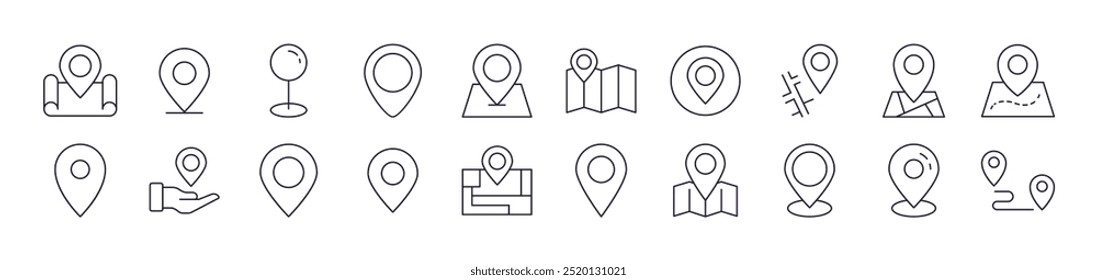 Bundle of Line Icons of Map Pin. Editable Stroke. Minimalistic Linear Pictogram for Design of Cards, Apps, Banners, Posts