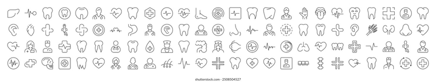 Bundle of Line Icons of Medical Cross, Doctor, Tooth, Internal Organs, Clinic. Editable Stroke. Minimalistic Linear Pictogram for Design of Cards, Apps, Banners, Posts
