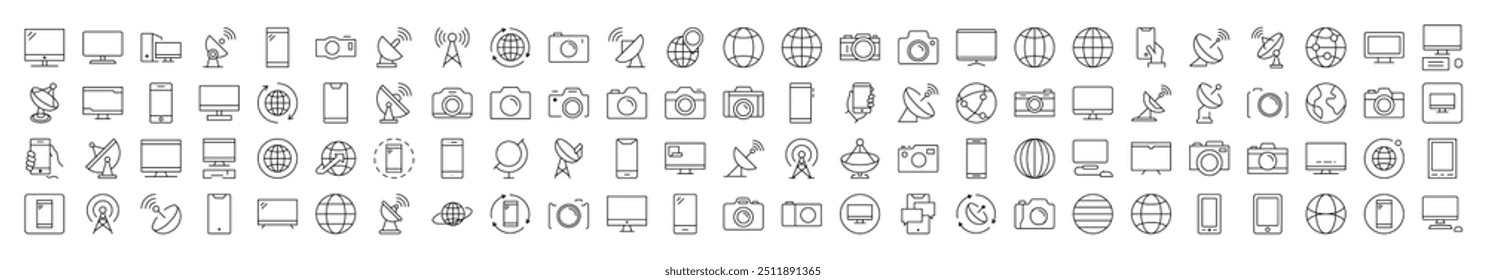 Paquete de iconos de línea de cámara de fotos, globo, computadora, localizador de radio, teléfono. Trazo Editable. Pictograma lineal minimalista para el diseño de tarjetas, App, Anuncios, publicaciones