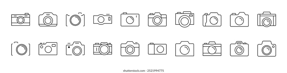 Pacote de ícones de linha da câmera fotográfica. Traço editável. Pictograma Linear Minimalista para Design de Cartões, Aplicativos, Banners, Posts