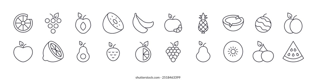 Bundle of Line Icons of Watermelon, Coconut, Grape and Other Fruits. Editable Stroke. Minimalistic Linear Pictogram for Design of Cards, Apps, Banners, Posts