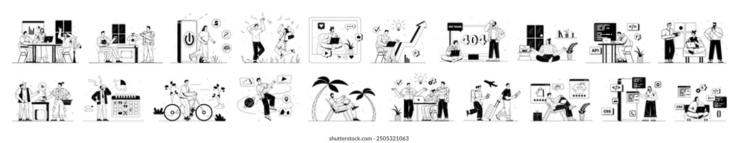 Bundle of linear concepts with people scene in flat cartoon design. Situations in various themes are depicted in this collection in a black and white colors. Vector illustration.