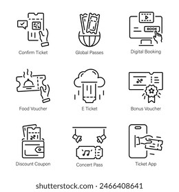 Paquete de iconos lineales que representan la reserva de entradas 

