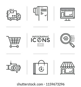 Bundle of linear icons, symbols or pictograms - shopping, delivery, retail, merchandising, customer service, online and offline purchases. Creative vector illustration for presentation, website.