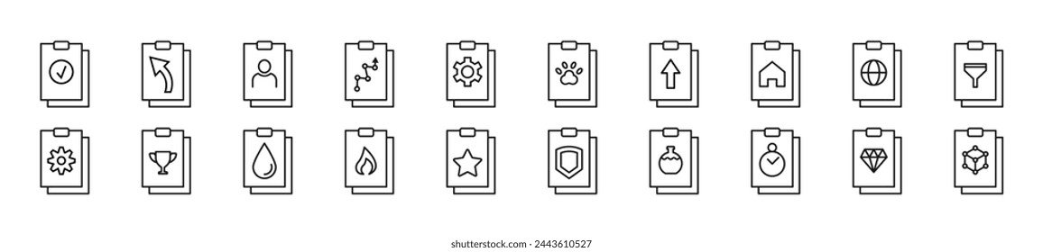 Bundle of linear symbols of clipboard. Editable stroke. Linear symbol for web sites, newspapers, articles book