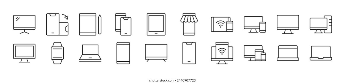 Paquete de símbolos lineales de computadoras, teléfonos, computadoras portátiles. Trazo editable. Símbolo lineal para sitios web, periódicos, libros de artículos