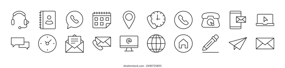 Bundle of linear symbols of contact us. Editable stroke. Linear symbol for web sites, newspapers, articles book