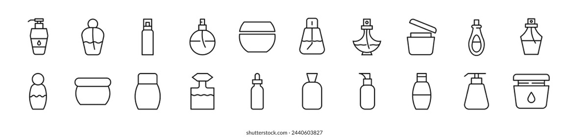 Bundle of linear symbols of cosmetic bottles. Editable stroke. Linear symbol for web sites, newspapers, articles book