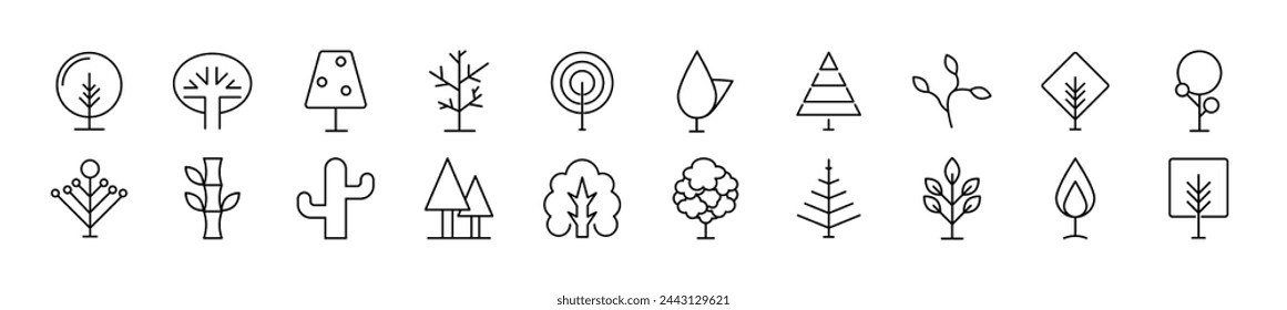Bundle of linear symbols of deciduous, coniferous and tropical trees. Editable stroke. Linear symbol for web sites, newspapers, articles book
