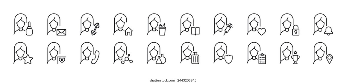Bundle of linear symbols of female user by items. Editable stroke. Linear symbol for web sites, newspapers, articles book