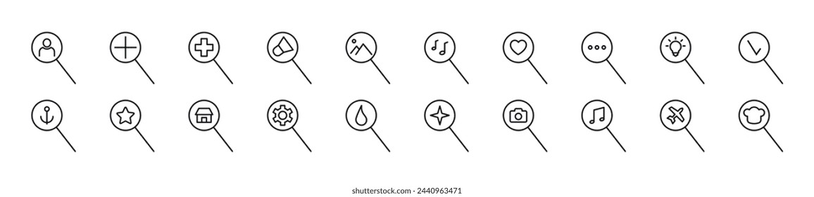 Bundle of linear symbols of items in magnifying glass. Editable stroke. Linear symbol for web sites, newspapers, articles book