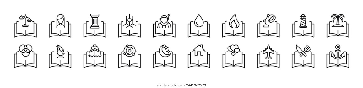 Bundle of linear symbols of items over books. Editable stroke. Linear symbol for web sites, newspapers, articles book