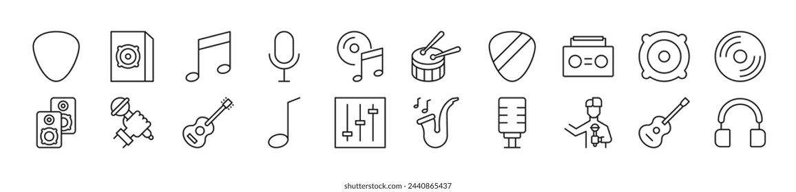 Bundle of linear symbols of music. Editable stroke. Linear symbol for web sites, newspapers, articles book
