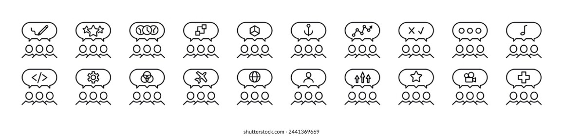 Paquete de símbolos lineales de personas con burbuja de habla. Trazo editable. Símbolo lineal para sitios web, periódicos, libros de artículos