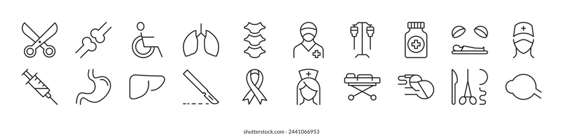 Bundle of linear symbols of surgeon. Editable stroke. Linear symbol for web sites, newspapers, articles book