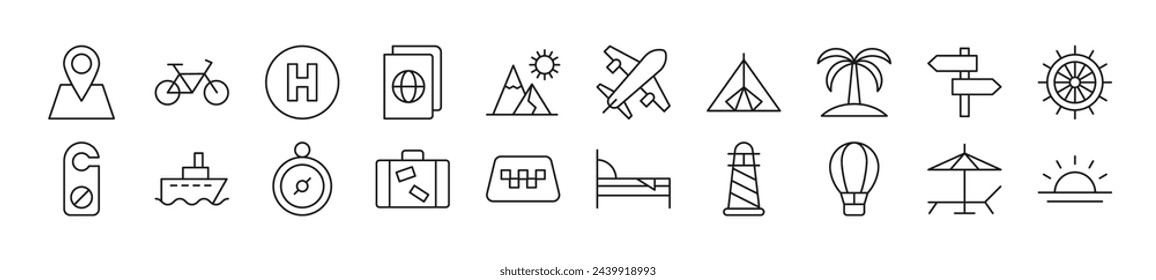 Bundle of linear symbols of travel. Editable stroke. Linear symbol for web sites, newspapers, articles book