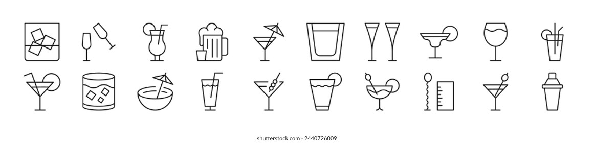 Bundle of linear symbols of various beverages. Editable stroke. Linear symbol for web sites, newspapers, articles book