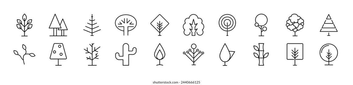 Bundle of linear symbols of various plants. Editable stroke. Linear symbol for web sites, newspapers, articles book