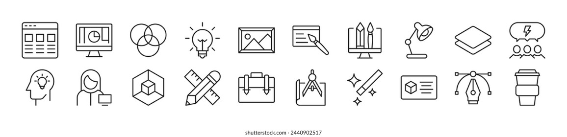 Bundle of linear symbols of web designer. Editable stroke. Linear symbol for web sites, newspapers, articles book