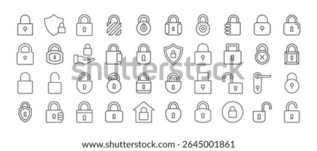 Bundle of Lock Related Line Icons. Door and Padlock Outline Signs for Graphic and Web Design, Apps, Adverts, Various Cards 