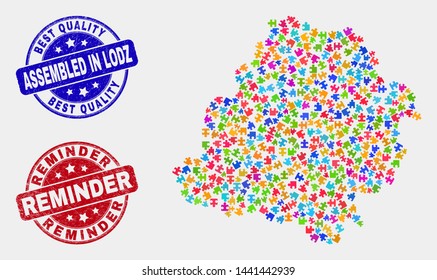 Bundle Lodz Voivodeship map and blue Assembled stamp, and Reminder grunge stamp. Colorful vector Lodz Voivodeship map mosaic of plugin parts. Red rounded Reminder stamp.