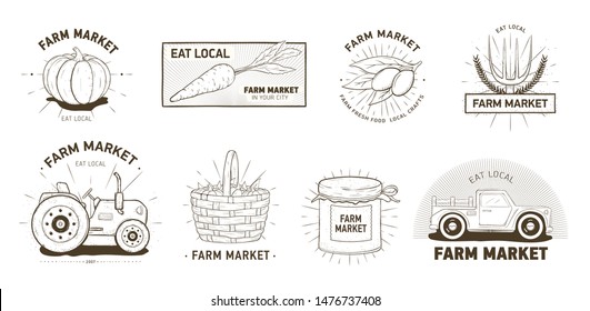 Bundle of logotypes for farm market, locally grown vegetables, organic products. Set of logos or emblems hand drawn with contour lines on white background. Monochrome realistic vector illustration.