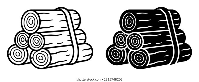 Bundle of logs tied together in black and white line art design on transparent background
