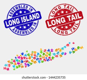 Bundle Long Island map and blue Assembled seal, and Long Tail scratched seal stamp. Bright vector Long Island map mosaic of plug-in components. Red round Long Tail stamp.