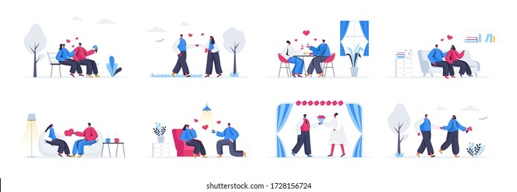 Bundle of love couple scenes. Couple having fun at date, man proposing girl to marry, wedding ceremony flat vector illustration. Bundle of romantic relationship with people characters in situations.