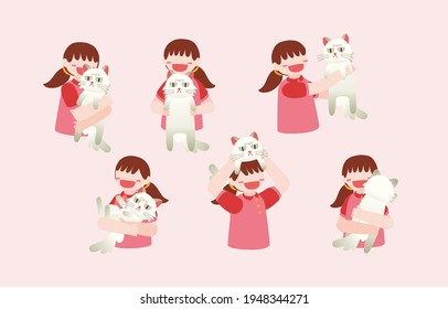 Bundle of  lovely girls and her cat,  Set of portraits of adorable pet owner and cute domestic animal. drawing design cartoon characeter style. isolated flat  vector illustration 