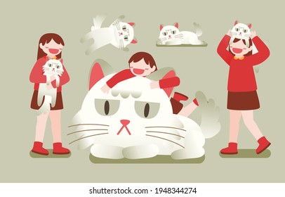 Bundle of  lovely girls and her cat,  Set of portraits of adorable pet owner and cute domestic animal. drawing design cartoon characeter style. isolated flat  vector illustration 