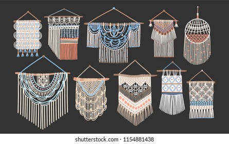 Bundle of macrame wall hangings isolated on black background. Set of handcrafted house decorations in Scandinavian style made of interwoven cord. Flat cartoon colored hand drawn vector illustration