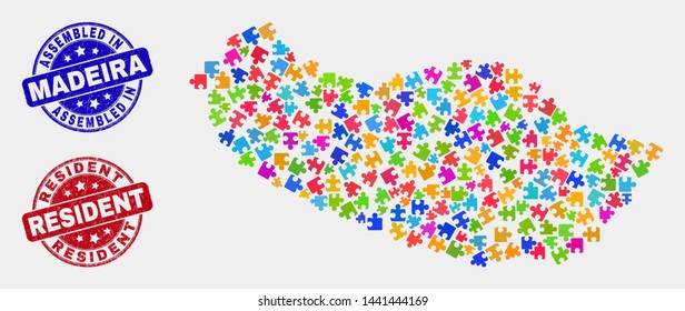 Bundle Madeira map and blue Assembled seal stamp, and Resident distress seal. Colorful vector Madeira map mosaic of bundle parts. Red rounded Resident seal.