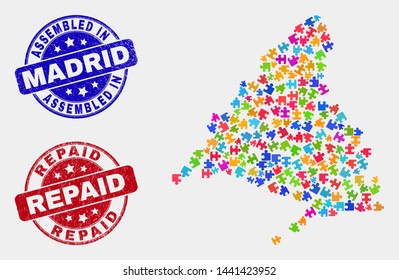 Bundle Madrid Province map and blue Assembled stamp, and Repaid textured seal. Bright vector Madrid Province map mosaic of bundle components. Red rounded Repaid stamp.