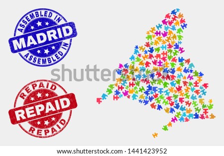 Bundle Madrid Province map and blue Assembled stamp, and Repaid textured seal. Bright vector Madrid Province map mosaic of bundle components. Red rounded Repaid stamp.