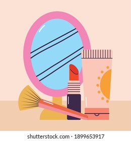 bundle of makeup icons on a pink background vector illustration design